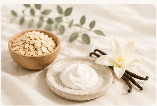 Oats, vanilla flower, and cream texture arranged on a soft cream surface